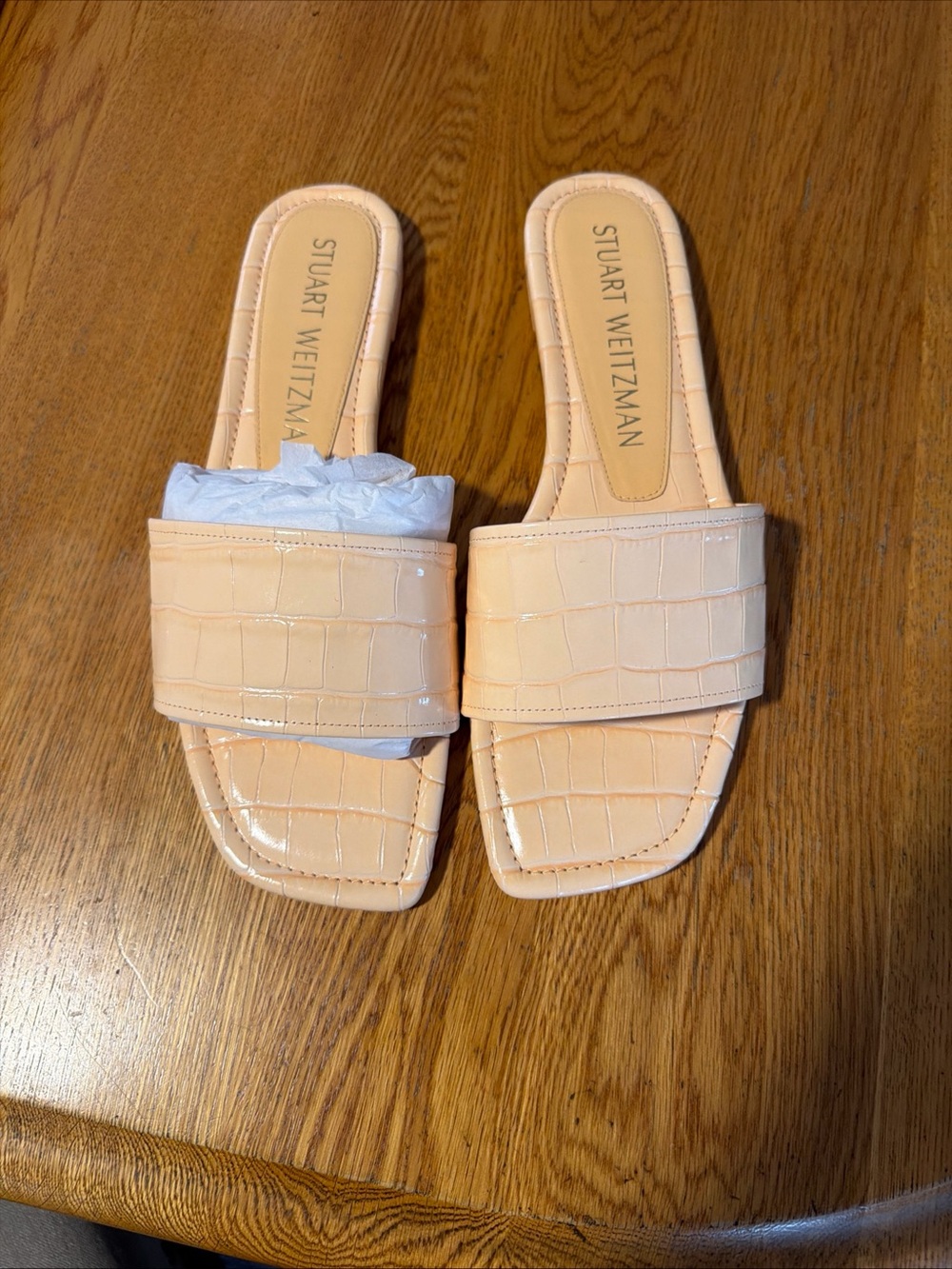 Stuart Weitzman Mango Peach Croc-Embossed Summer Slide Mules
